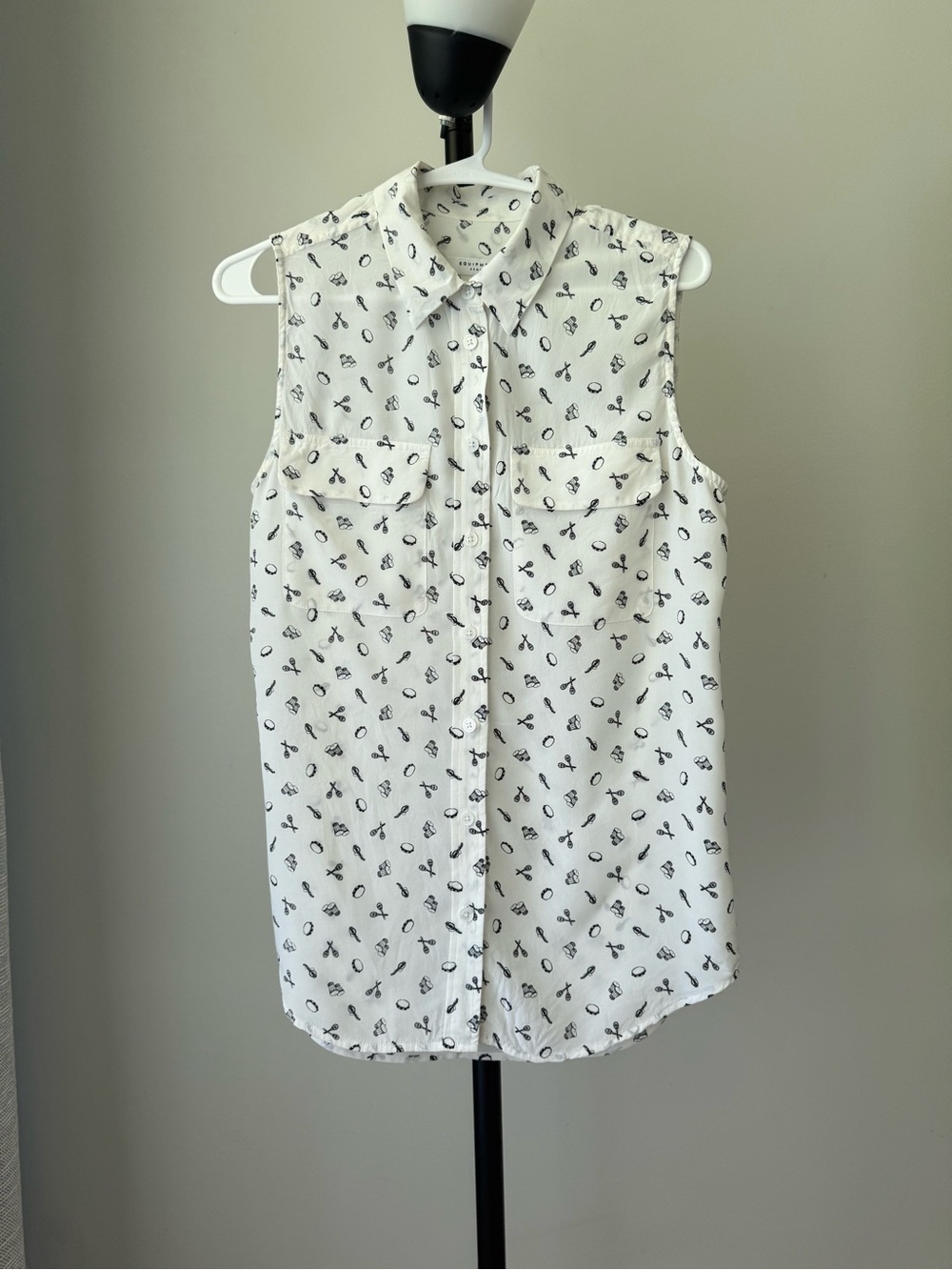 Equipment White Blouse with Black Musical Instrument Print